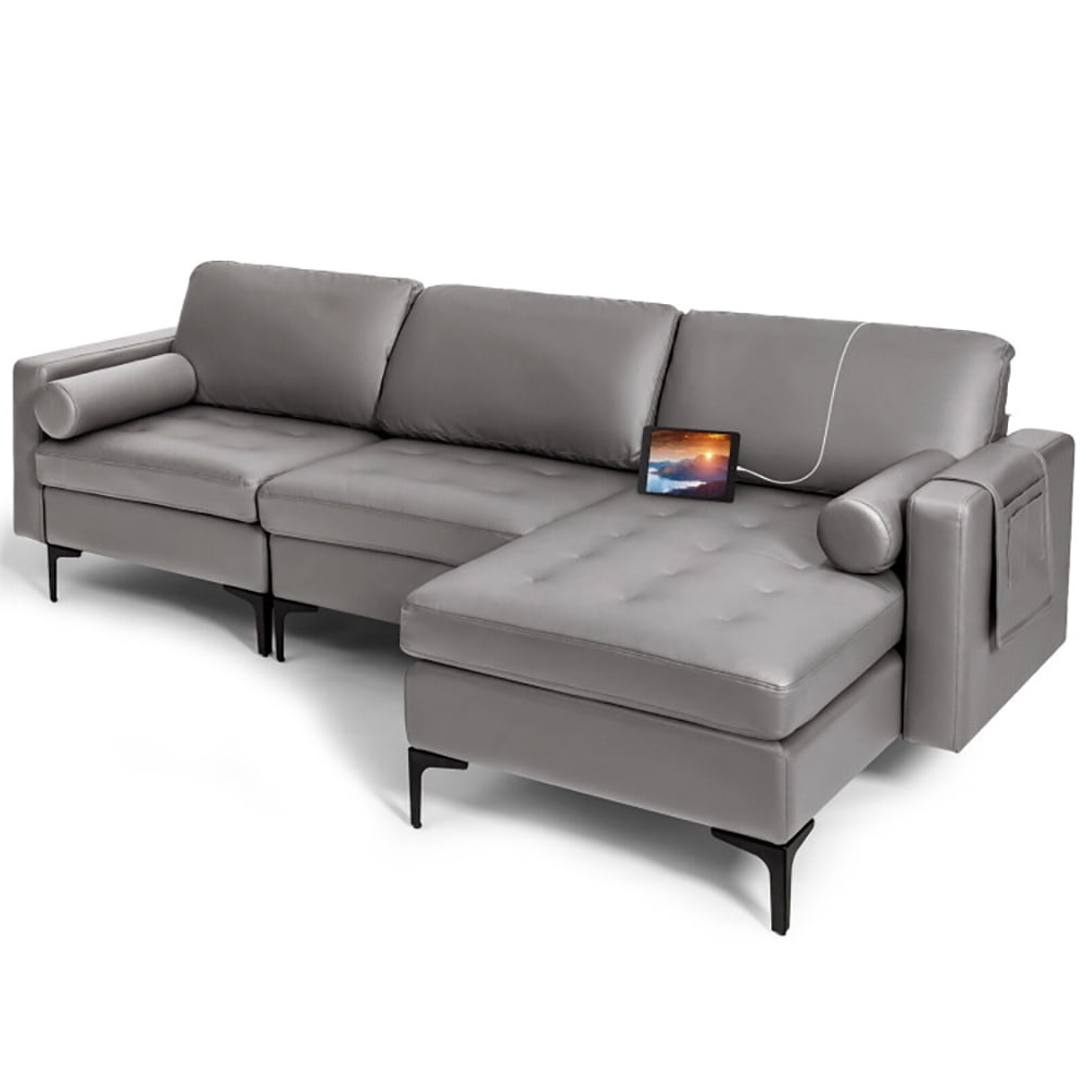 Finihen L-shaped Sectional Sofa Couch, Modular L-shaped 3-Seat Sectional Sofa with Reversible Chaise and 2 USB Ports, for Living Room, Light Gray Finihen L-shaped Sectional Sofa Couch, Modular L-shaped 3-Seat Sectional Sofa with Reversible Chaise and 2 USB Ports, for Living Room, Light Gray