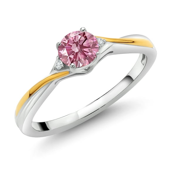 Gem Stone King 925 Silver and 10K Yellow Gold Pink and White Lab Grown Diamond Engagement Ring for Women (0.52 Cttw, Size 9)