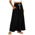 thumbnail image 2 of Caywon Women's Maxi Skirt, Drawstring Elastic Waist A-Line Long Skirt, Crinkle Texture Solid Color Cotton Linen Blend Skirt for Vacation, Beach and Casual Wear, 2 of 5