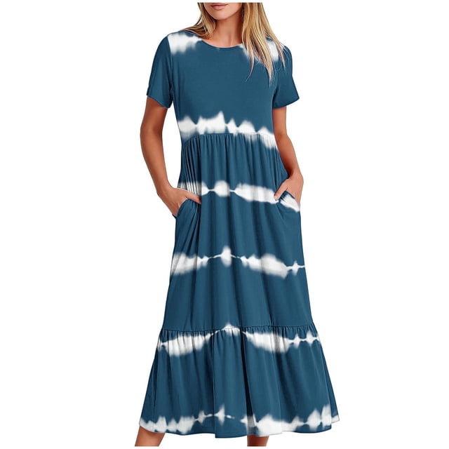 Fankiway Women'S Fashionable Short Sleeve Pocket Round Neck Printing Loose Long Dress Plus Size Dresses for Curvy Women Spring Dresses for Women 5768