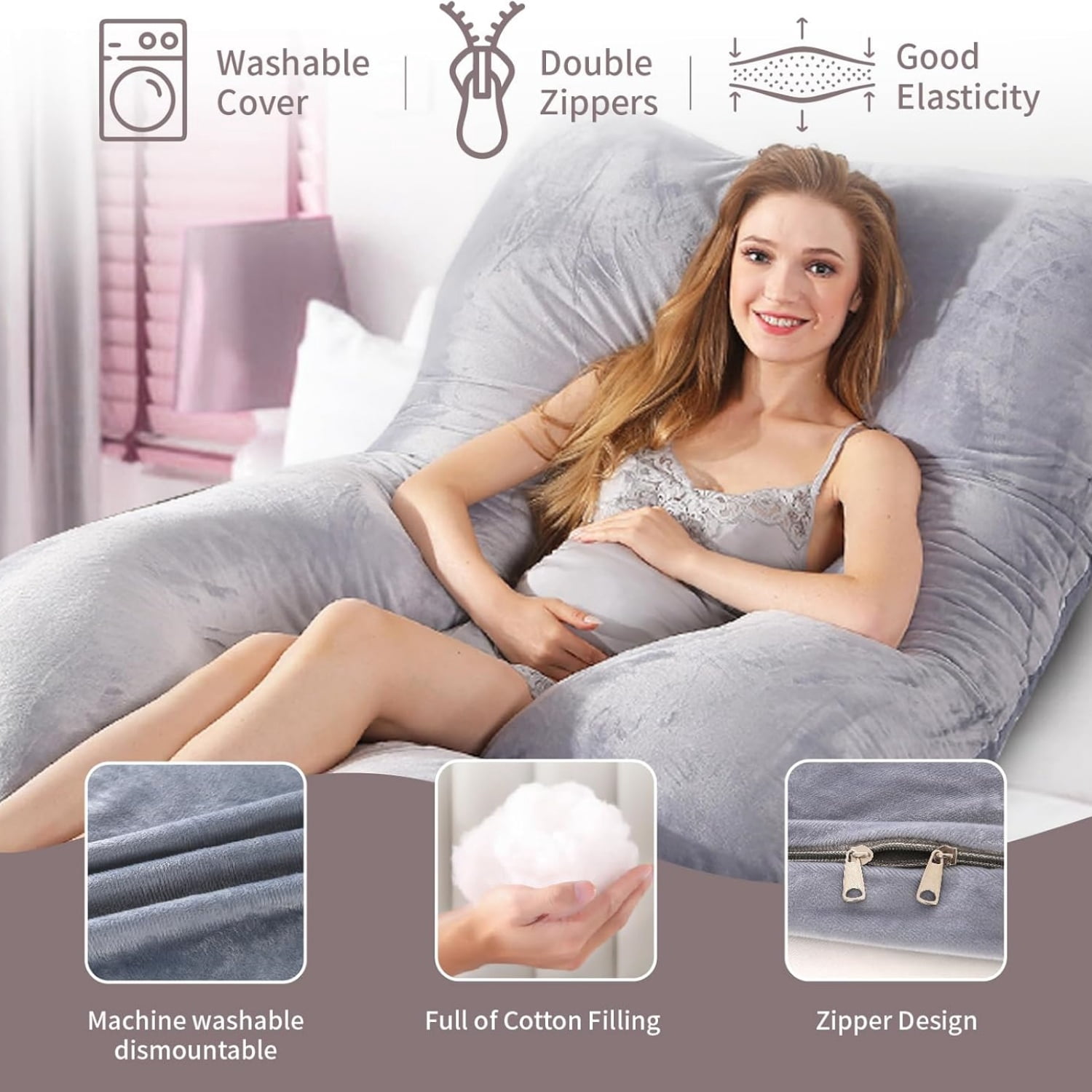 60 Inch Full Body Pregnancy Pillows for Sleeping Cooling Pregnancy Pillow,U Shaped Pregnancy Body Pillow,Maternity Pillows for Pregnant Women with Removable Washable Velvet Cover.(Grey)