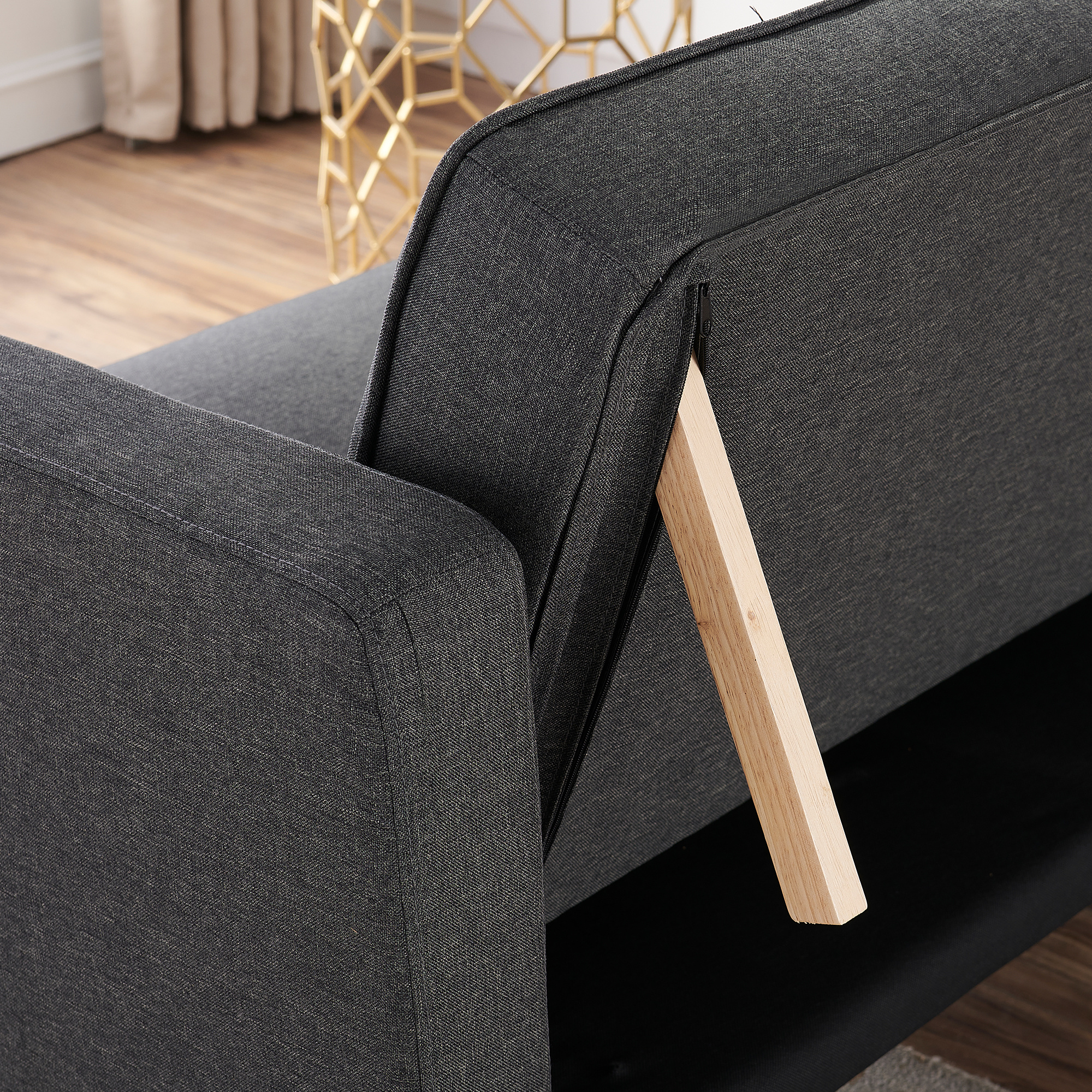 Aukfa Convertible Futon Sofa Bed, Arm Couch for Home Office, Solid Wood Legs, 2 Pillows, Gray