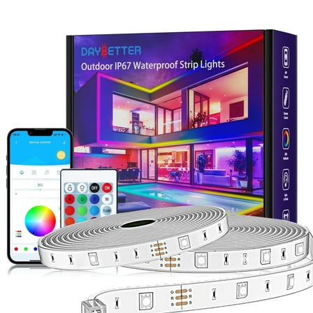 DAYBETTER 100ft Outdoor LED Strip Lights Waterproof IP67,RGB Led Light Strips with Remote Control and Music Sync Mains Powered for Outside Garden House Pool Roof Lawn Decor