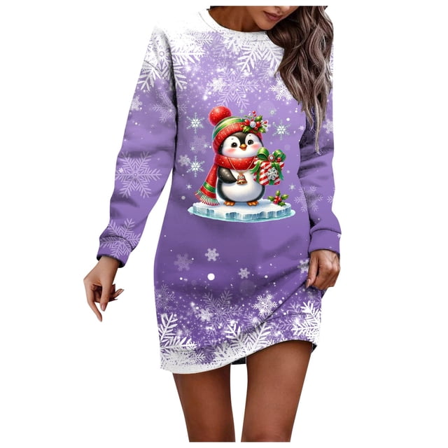 Wyzesi Robes d'Hiver pour Femmes Grande Taille Mariage Robe Chandail de Noël Imprimée pour Femmes Col Rond Manches Longues Ample Sans Capuche Robe Décontractée Longues Robes pour Femmes Automne Brun