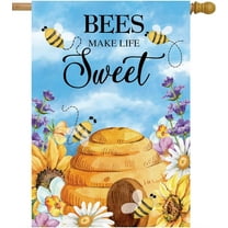 Bees Make Life Sweet Spring Flowers Daisy Sunflower Bees House Summer House Flag 28" x 40" Double Sided Polyester Welcome Large Yard Garden Flag Banners for Patio Lawn Home Outdoor Decor