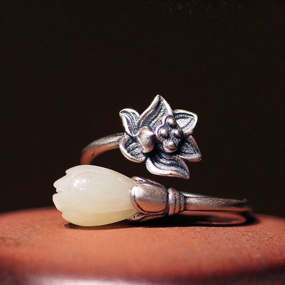 Unisex Retro Lotus Ring Electroplated Copper Orchid White Jade Durable Elegant Statement Jewelry Everyday Wear
