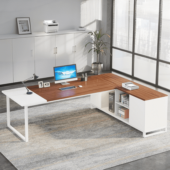 Tribesigns 70.8" Executive Desk with 55" File Cabinet, Industrial L Shaped Computer Desk, Large Executive Desk for Home Office, Walnut & White
