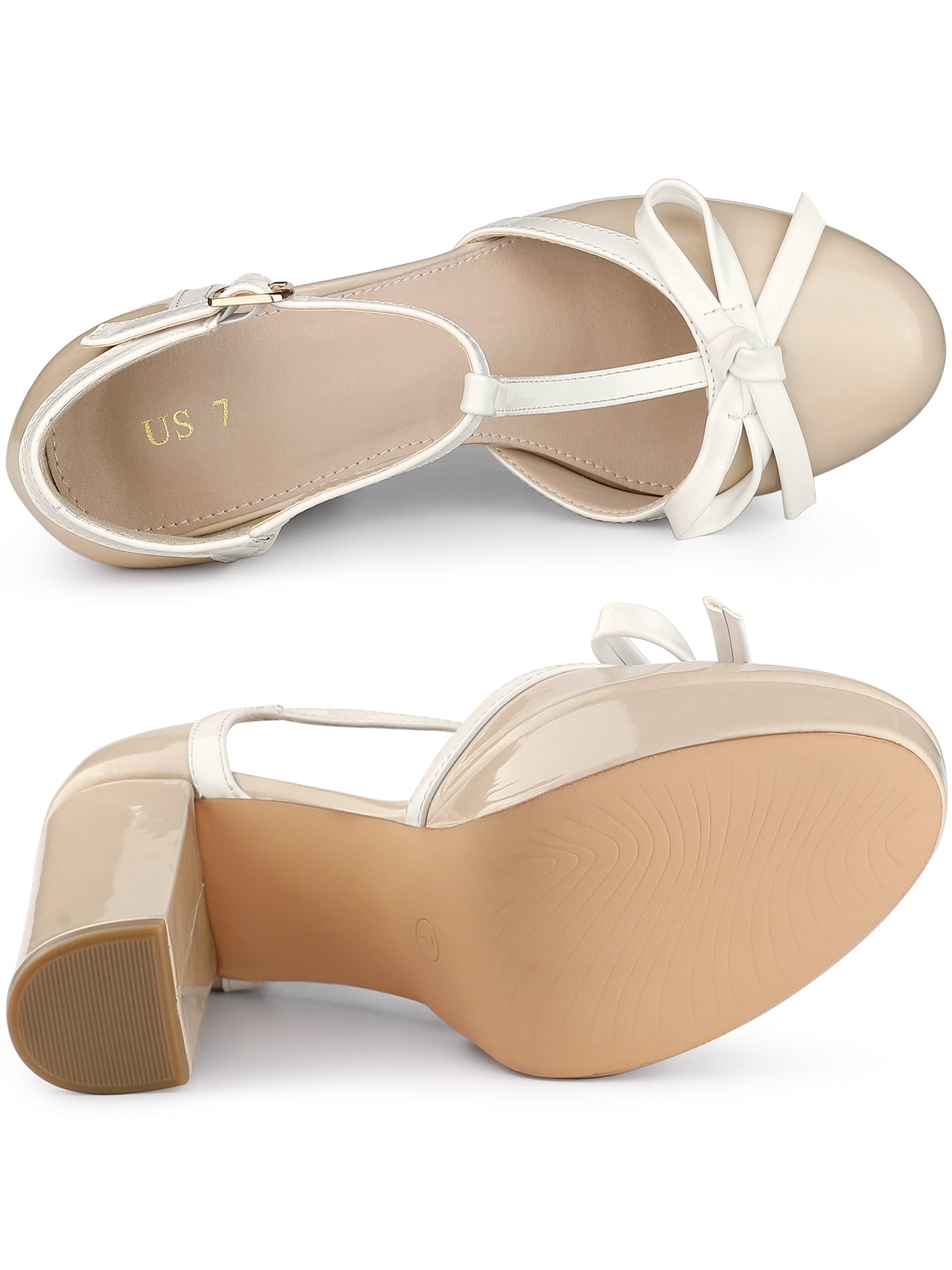Unique Bargains Women's Platform Bow T Strap Round Toe Pumps Nude 10