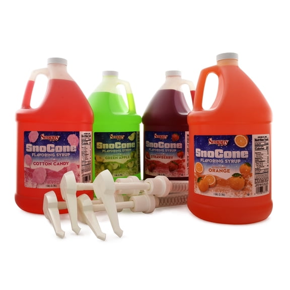 Snappy Sno Cone Syrup Variety Bundle, Cotton Candy, Green Apple, Strawberry, Orange, Flavored Syrup for Shaved Ice, 1 Gallon (128 oz), 4 Count with Syrup Pumps