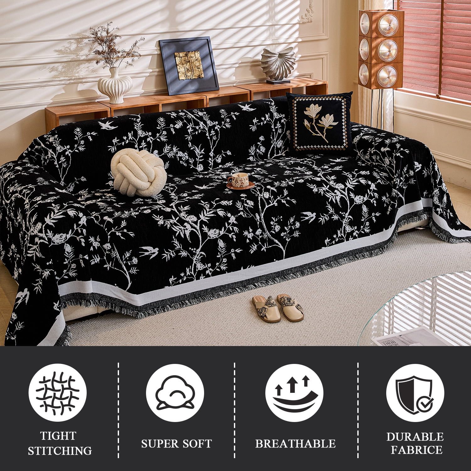 NAYOROOM Vintage Black Couch Cover,Chenille Sofa Cover Slipcover Sofa Towel Furniture Cover（71"x 150"）