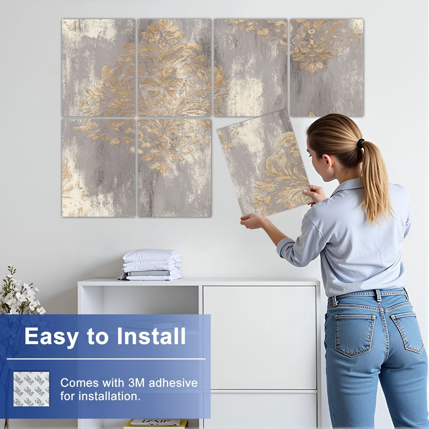 8 Pack Art Acoustic Panels Sound Absorbing Elegant Gold Damask Gray Beige Decorative Soundproof Wall Panels Self Adhesive for Nursery Game Room Bedroom 48"x32"