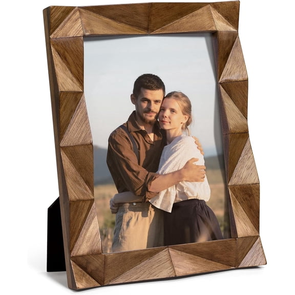 Afuly 5x7 Picture Frame, Hand-Carved Solid Wood Rustic Walnut Frame with Real Glass, Farmhouse Home Decor for Tabletop or Wall Mount,Mother's Day Gift