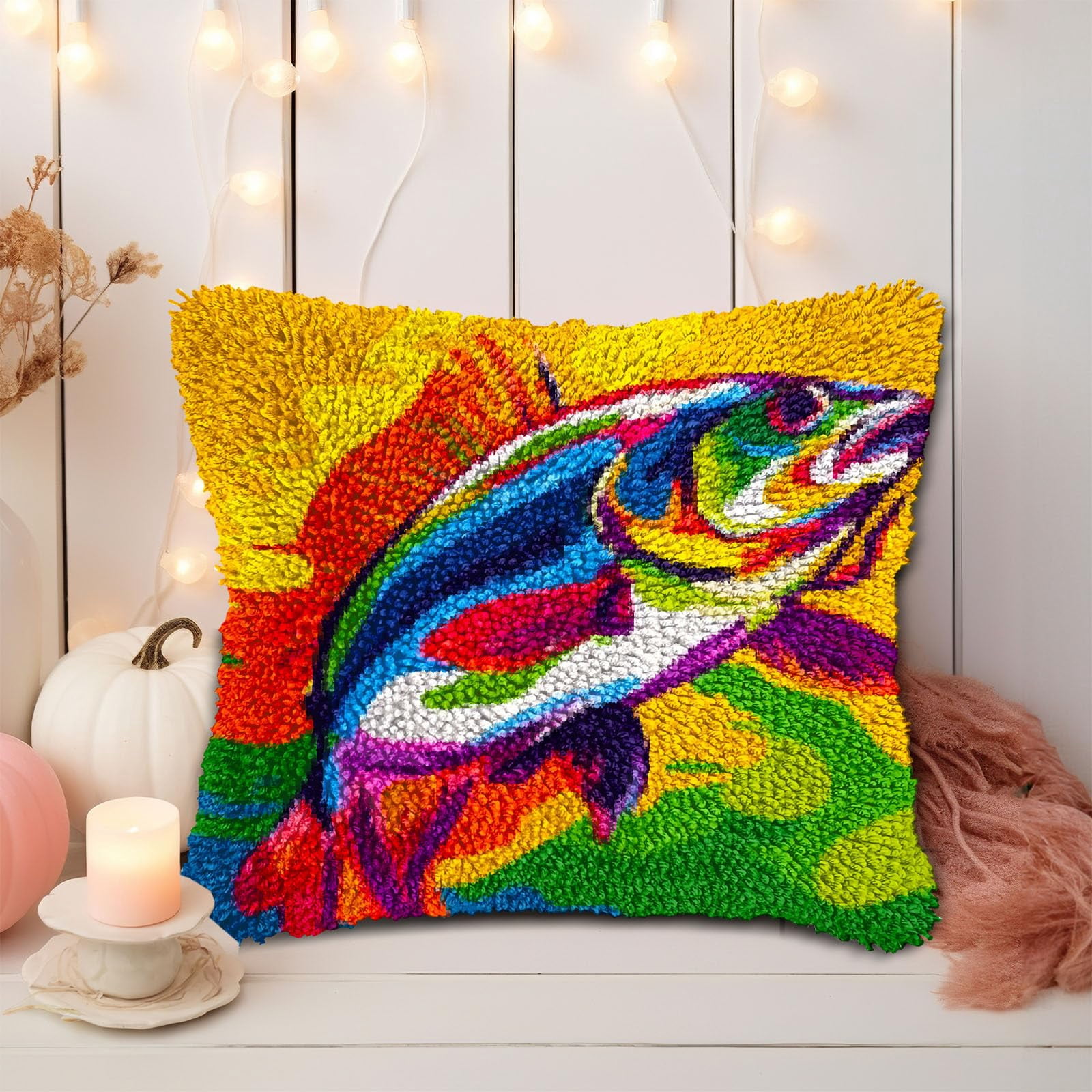 Fish Bass Jump DIY Latch Hook Pillow Kits for Adults Printed Pillowcase Crochet Yarns Hooking Handmade Pillow Cover Cushion for Home Sofa Decoration 17x17inch
