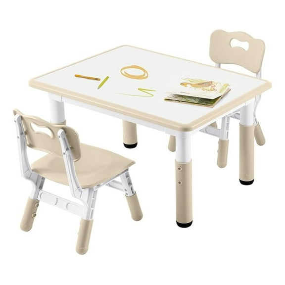 OWNEN Kids Study Table and Chairs Set, Height Adjustable Toddler Table and Chair Set for Kids Ages 3-8, 31.5" L x 23.6" W Graffiti Desktop Plastic Children Art Table with 2 Seats