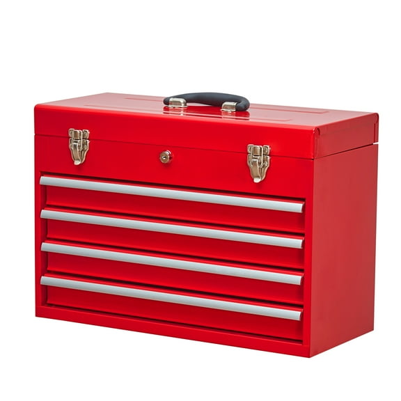 Mechanics Tool Box Metal Tool Box with 4 Drawers Portable Steel Tool Chest with Metal Cylinder Lock and Latch Closure, Liner, Red Powder coating, suitable for Garage, Warehouse and Outdoor Repair job