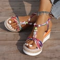 thumbnail image 2 of Wedge Sandals for Women Color Block Strappy Beaded Platform Espadrilles Elastic Ankle Strap Summer Comfy Walking Shoes White Size 6, 2 of 6