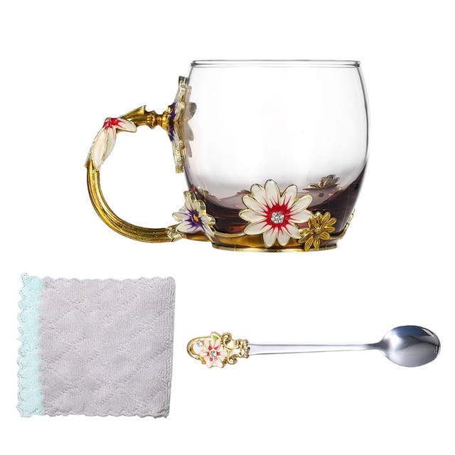 Yuarrent 350ml esmalte azul rosa flor taza de café de cristal 320ml Margarita leche té copas de vino whisky cóctel regalo chupito taza con cuchara Teteras Crisantemo Marrón 320ML Yuarrent HA005099-04B