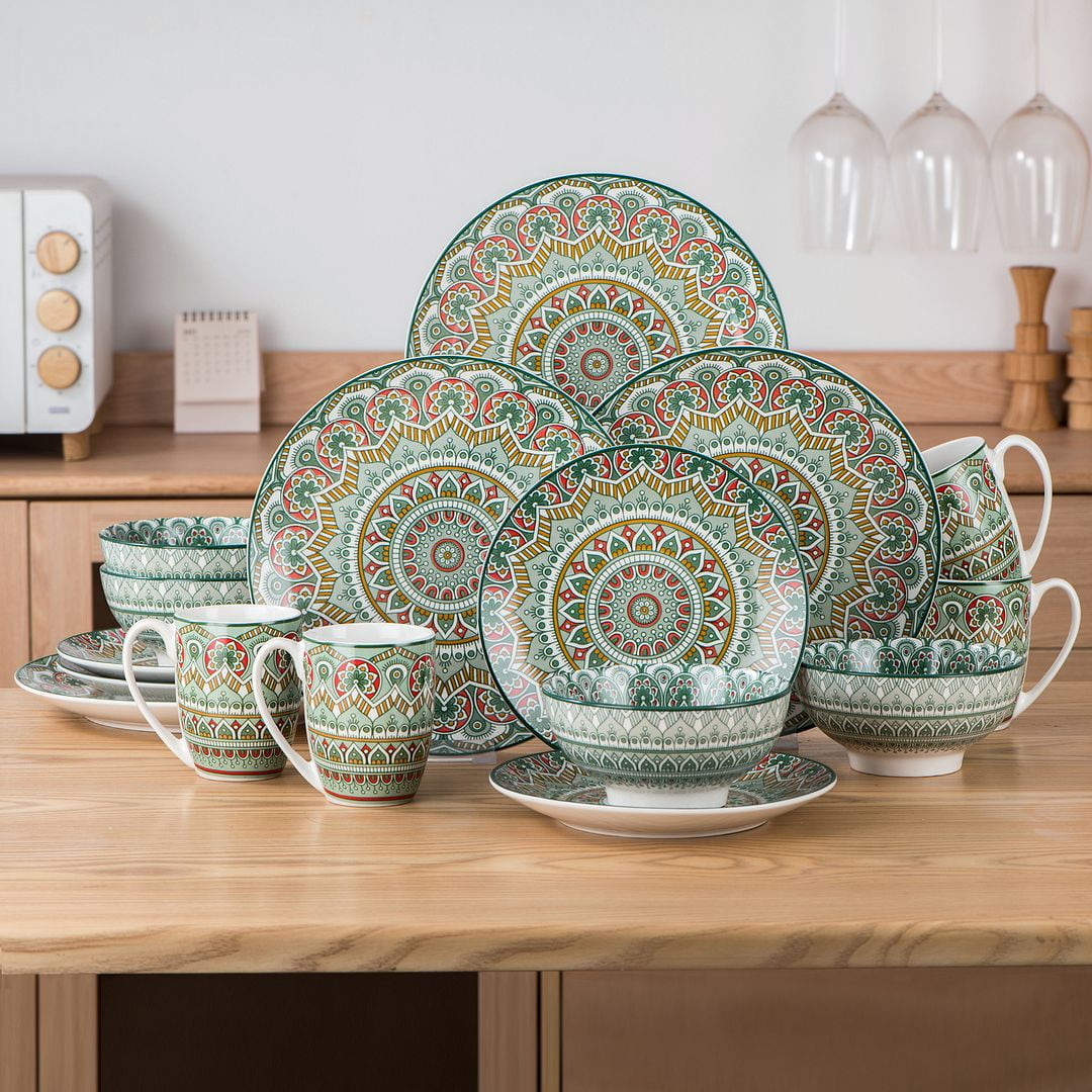 vancasso, Series Mandala, 16Piece Porcelain Dinnerware Set, Boho Green