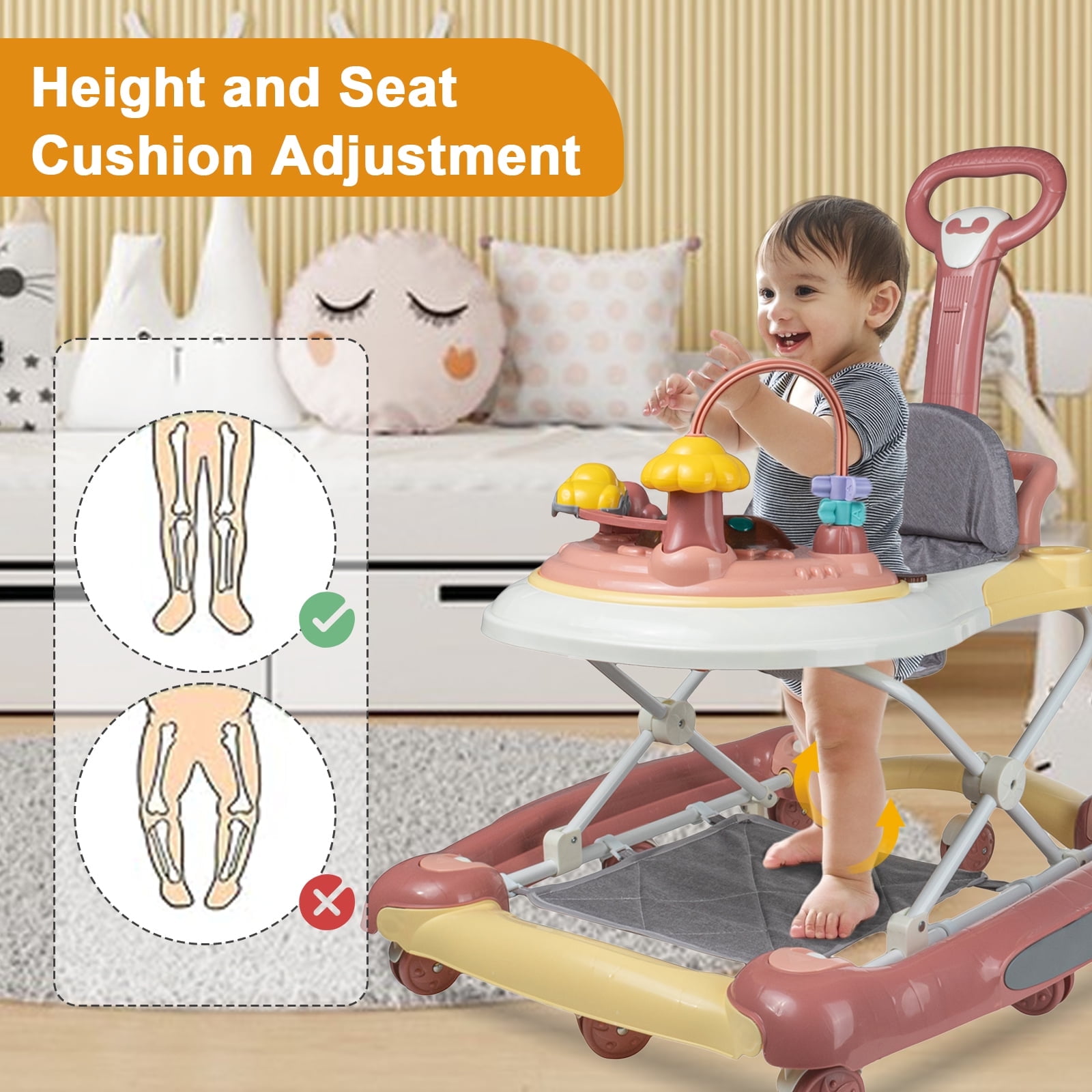JieC 5-in-1 Baby Walker with Wheels,Infant Toddler Walkers Bouncer for Boys Girls,Pink