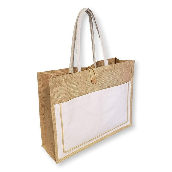 Vintage Style Jute with Cotton Pocket Reusable Large Tote Grocery Shopping Bag -Natural Color
