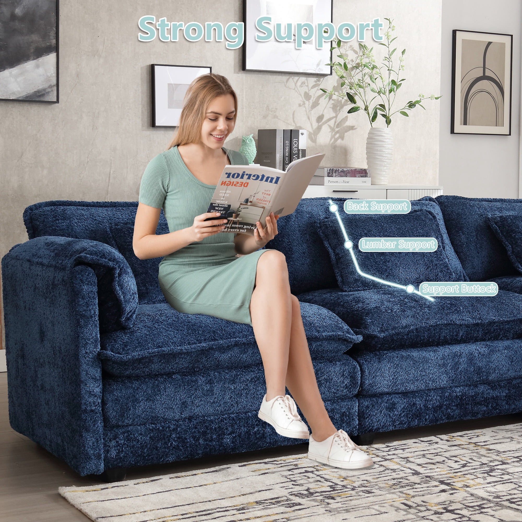 MOONMISS Chenille Upholstered L-Shape Comfy Oversized Modular Sectional Sleeper Sofa with Moveable Ottoman-Navy Blue