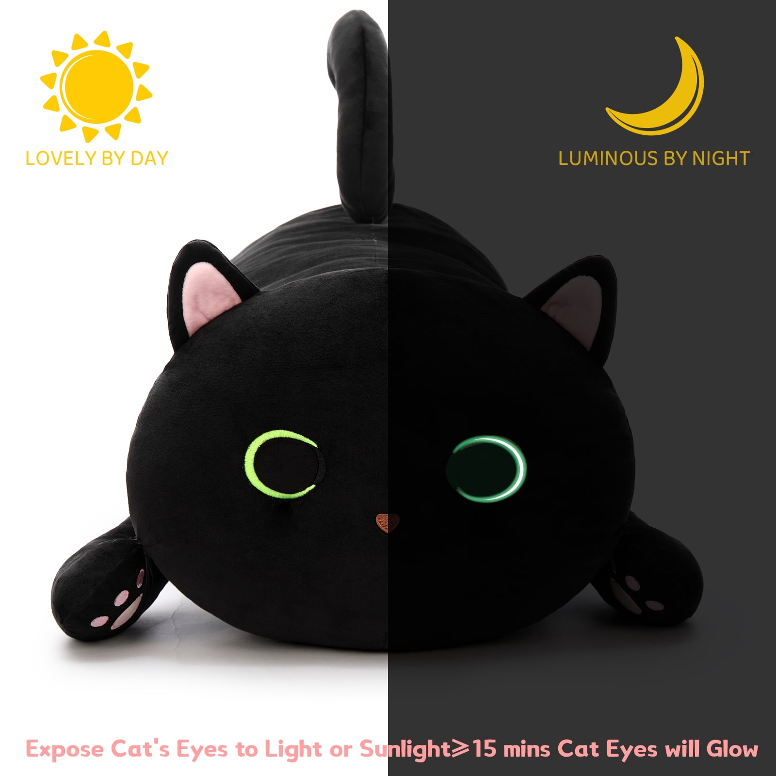 MaoGoLan Black Cat Plush Body Pillow 44'' Giant Glow in The Dark Cat Stuffed Animal Toy