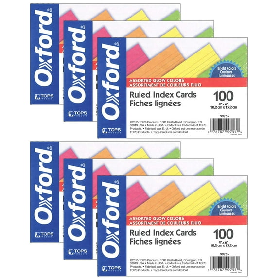 Oxford Glow Index Cards, 4" x 6", 100 Per Pack, 6 Packs