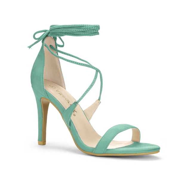 BLISSFUL STEP Chaussures pour Femmes Sandales à Talon Aiguille Haut à Bride Cheville à Nouer Bout Ouvert en Faux Suède Vert Turquoise 8