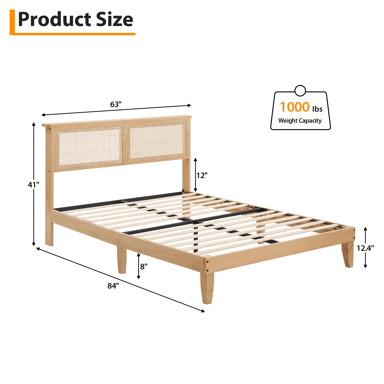 Rattan Queen Bed Frame, Queen Size Bed Frame with Natural Rattan Headboard, Platform Bed Frame with LED Lights, Under Bed Storage and Wooden Legs Support, Noise-Free, No Box Spring Needed