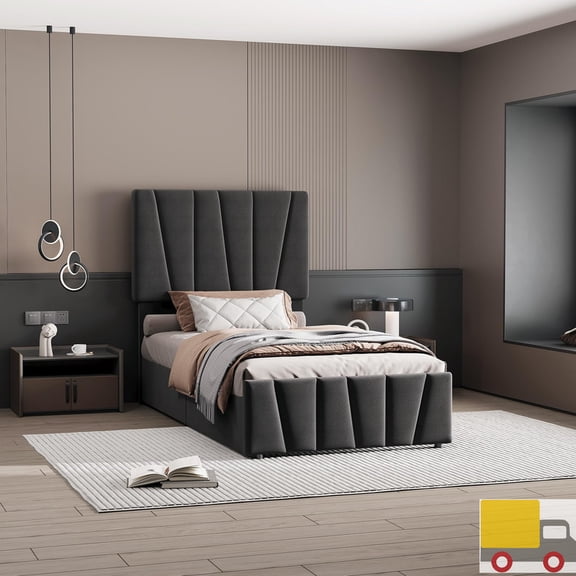 Bed Frame with Adjustable Headboard & 2 Storage Drawers, Linen Upholstered Platform Bed with Wooden Slat Support, No Box Spring Needed, Twin, Dark Gray
