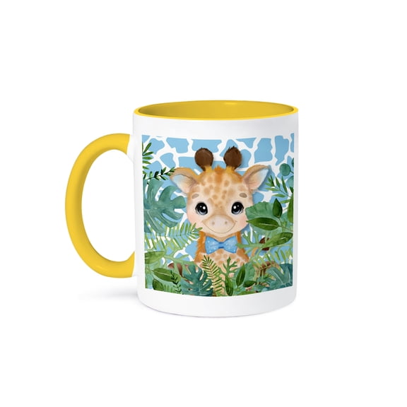 Baby Giraffe With Blue Bow Tie And Tropical Leaves For Boys, 15oz Two-Tone Yellow Mug
