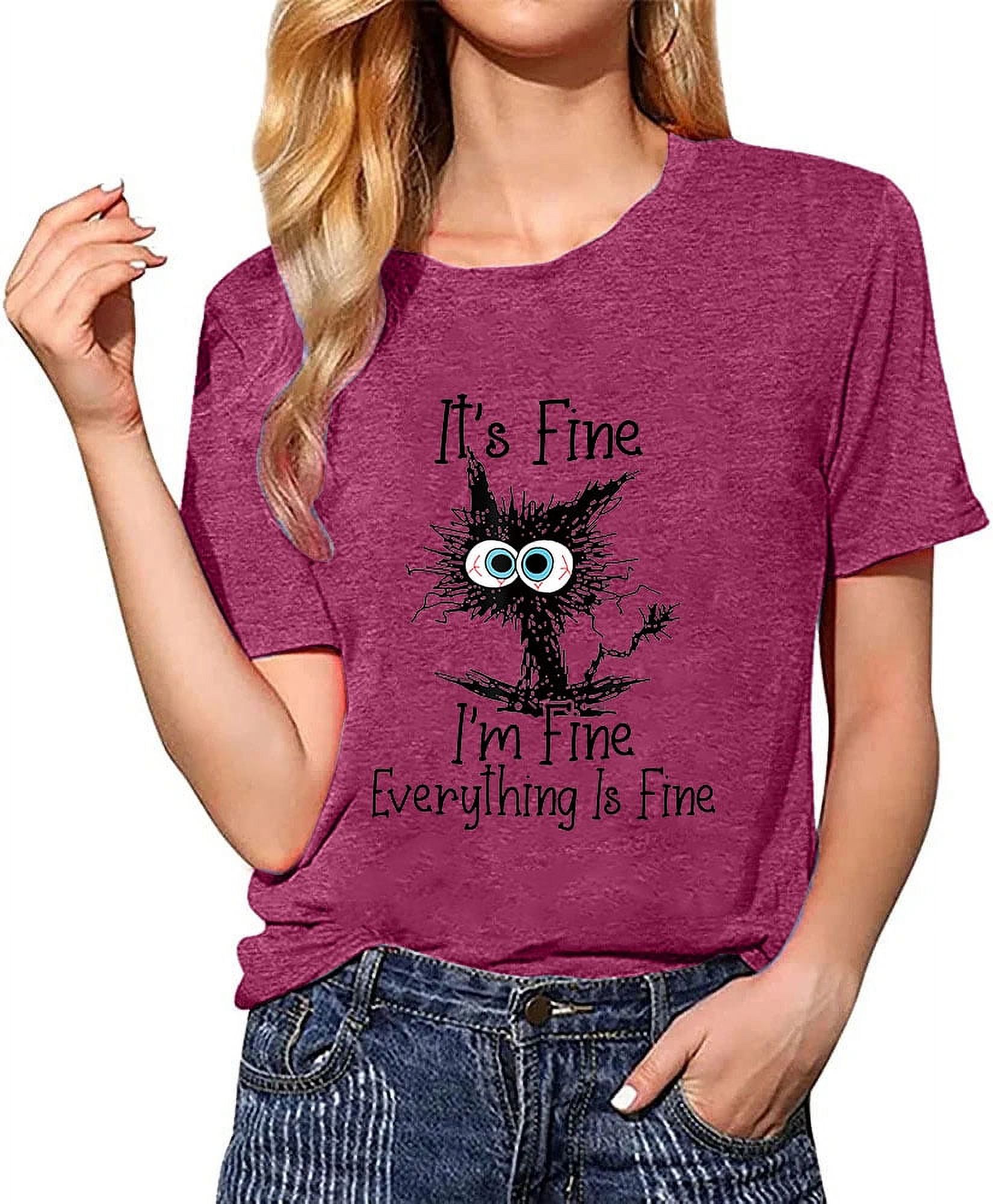 Funny 'It's Fine I'm Fine Everything Is Fine' V-Neck T-Shirt With Cute Cat Graphic - Casual Humor Tee For Women