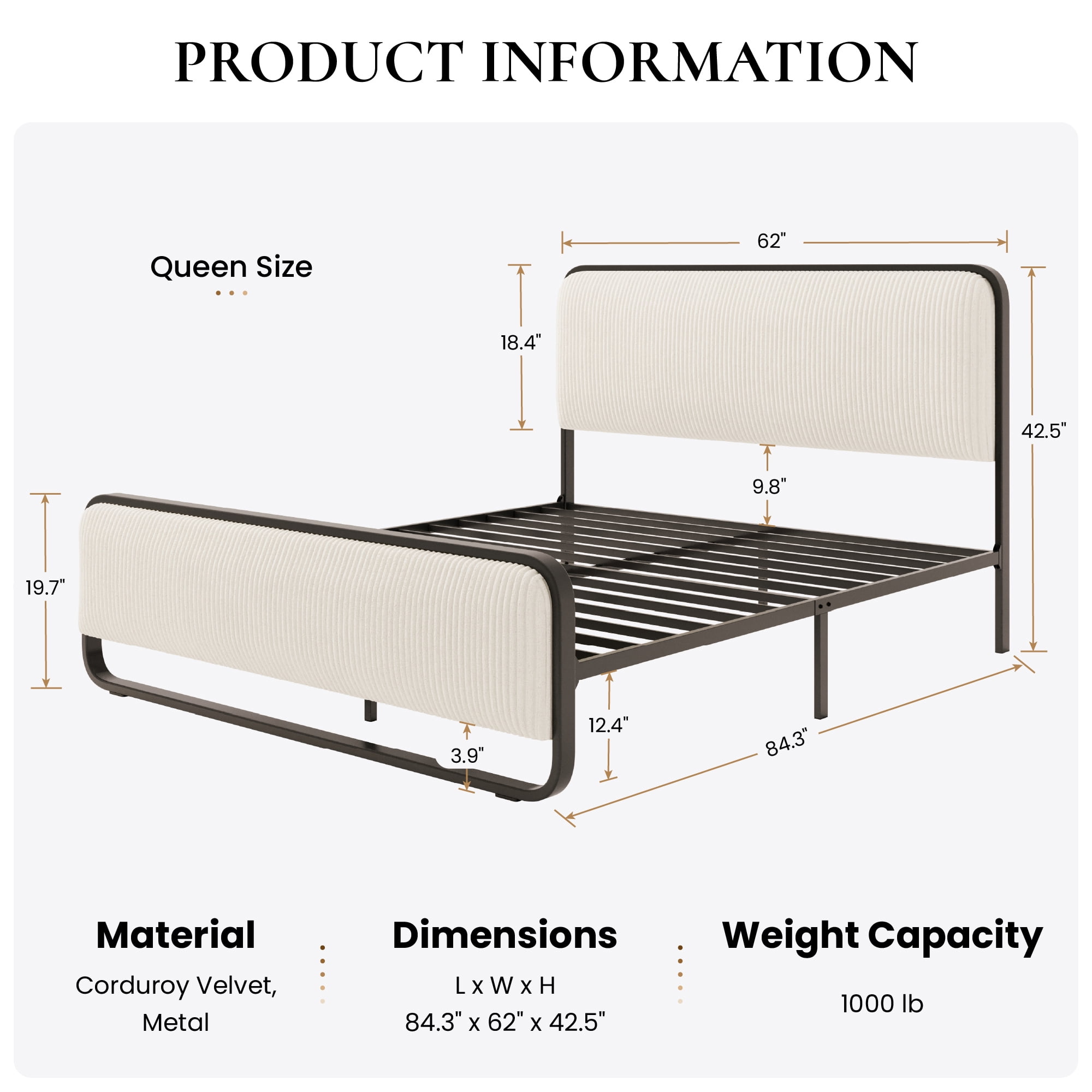 SHA CERLIN Queen Bed Frame, Upholstered Platform Bed with Velvet Curved Headboard and Footboard, No Box Spring Needed, 1000 LBS Capacity, Cream White