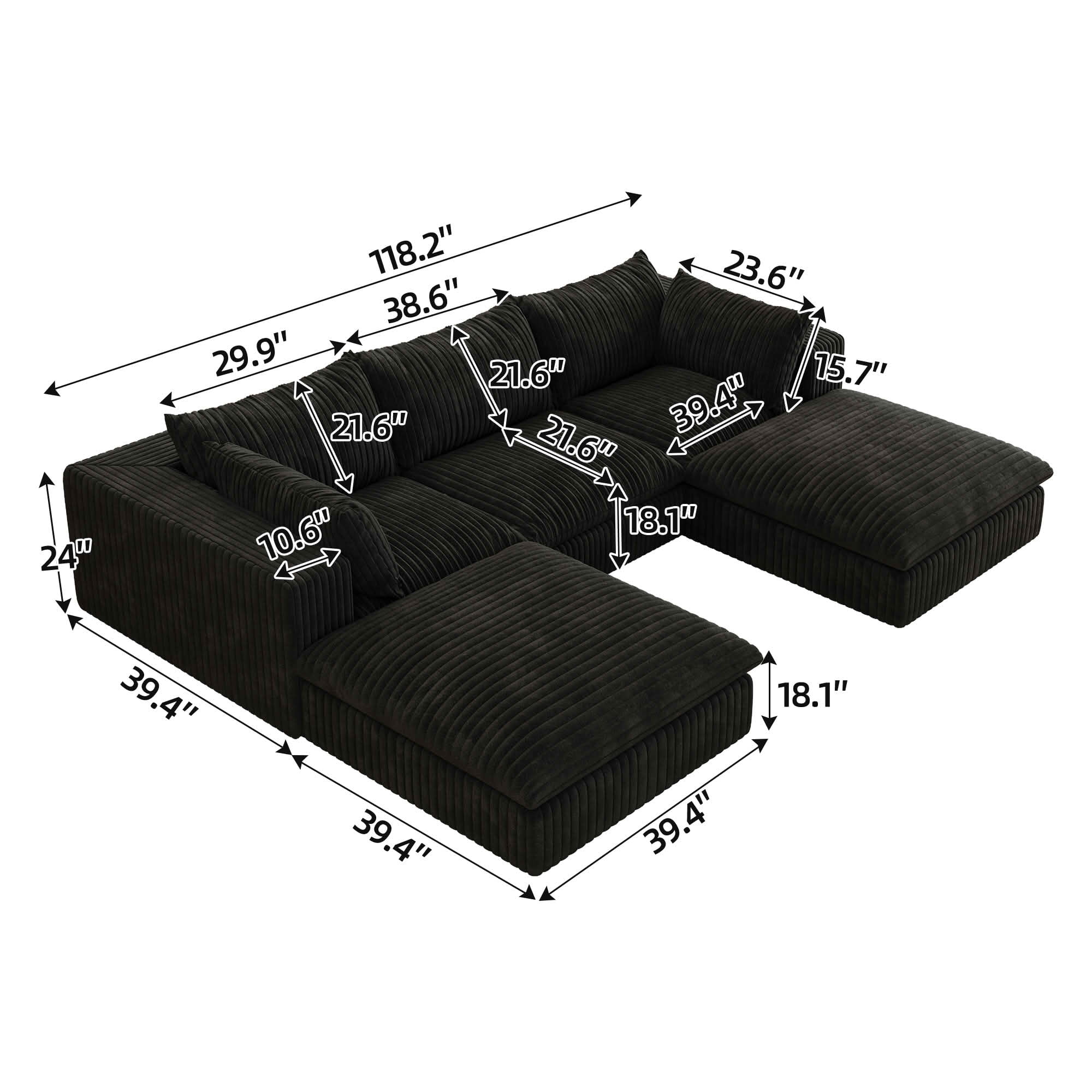 MAYEERTY 118.2" Cloud Corduroy Sofa, Deep Seat Double-Layer Design, Removable Cushion No Assembly, DIY Combination, Black