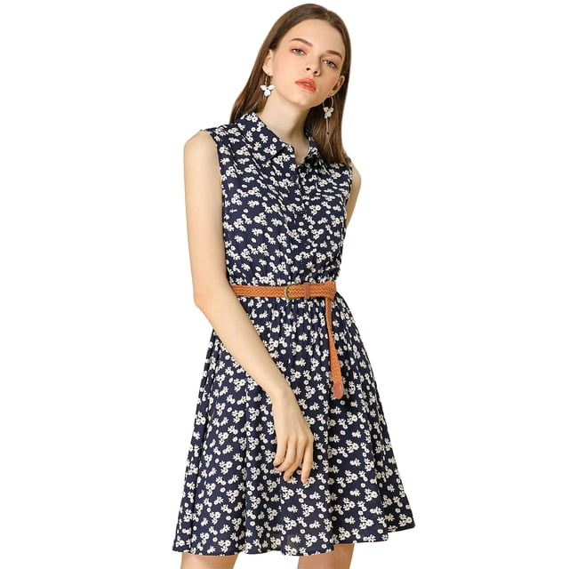Día de San Patricio Vestido Sin Mangas Con Cinturón Estampado Por Encima De La Rodilla Con Media Tapeta Para Mujer Floral Azul Oscuro, Blanco XS