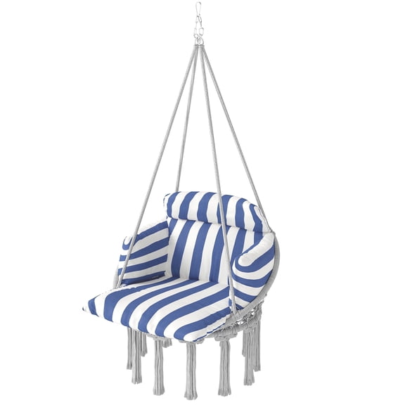 Macrame Hanging Egg Chair with Stand, Boho Swing Seat with Thick Cushion & Steel Frame, Indoor Outdoor Patio Furniture, Blue and White