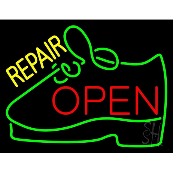 Yellow Repair Shoe Open LED Neon Sign 15 x 19 - inches, Black Square Cut Acrylic Backing, with Dimmer - Bright and Premium built indoor LED Neon Sign for store interior Décor, Storefront.
