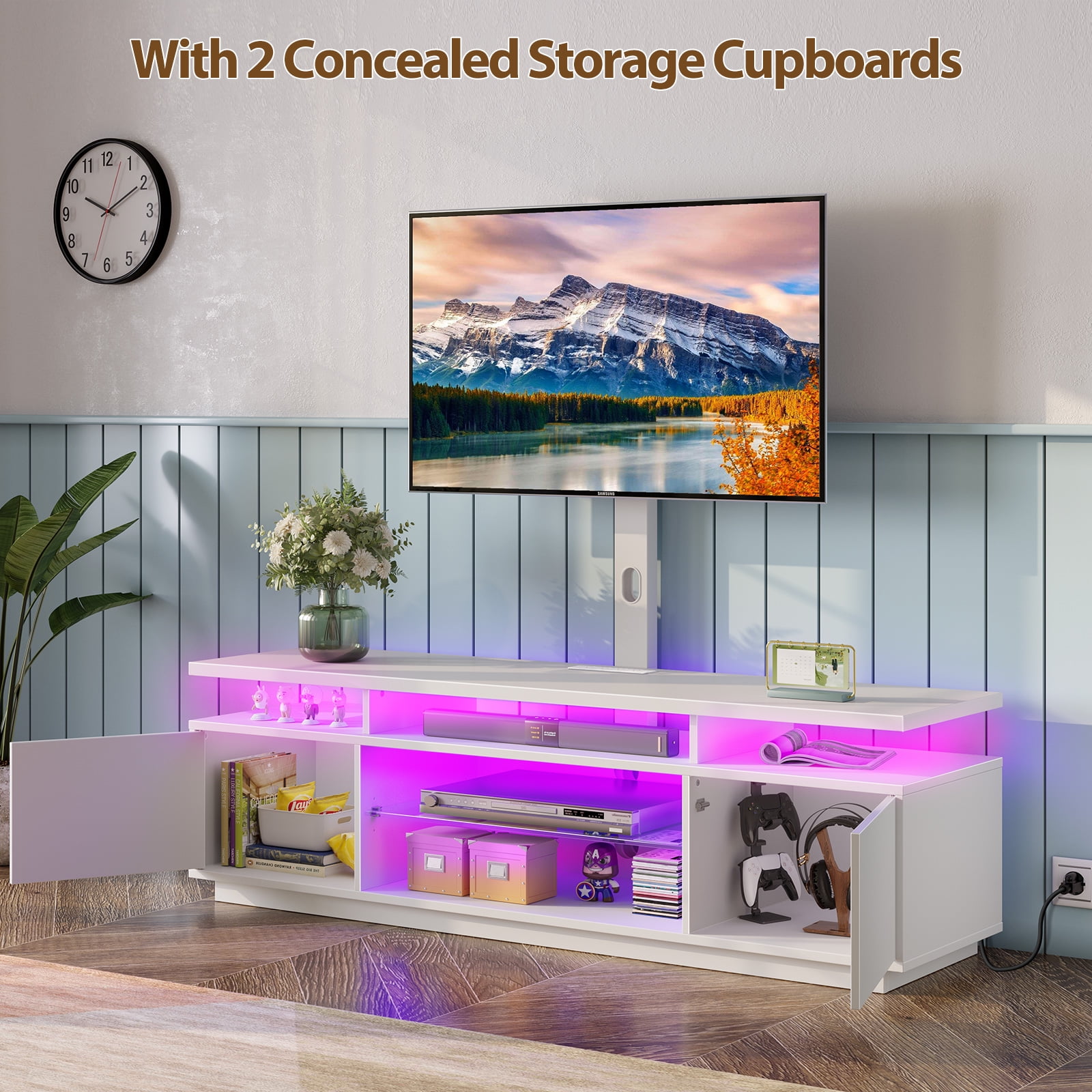 Greenstell TV Stand and Mount for 32" to 70", TV Table with Power Outlet, Gaming Modern Entertainment Center with Storage, LED Light, Height Adjustable, 51", White