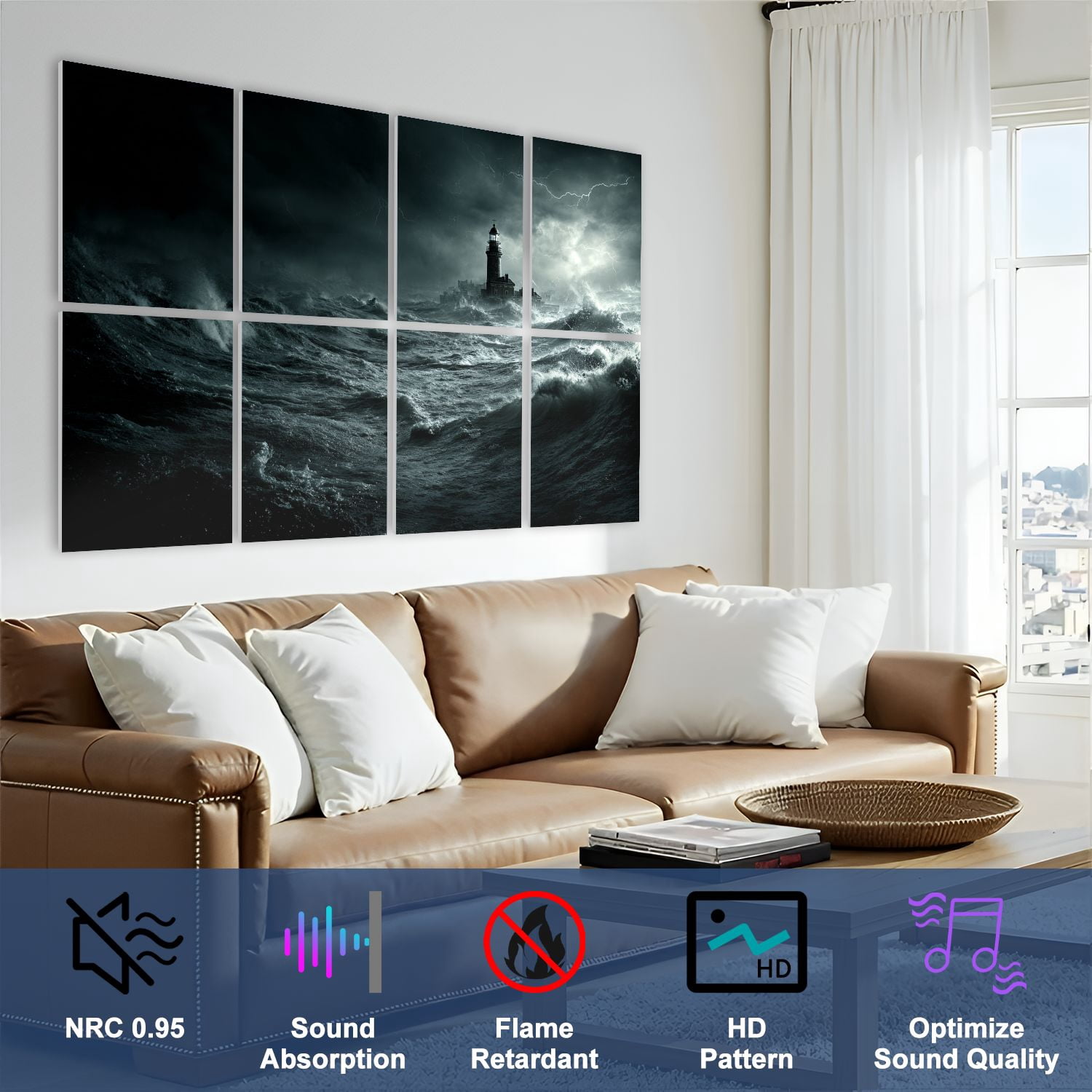 8 Pack Art Acoustic Panels Sound Absorbing Moody Lighthouse Scene Violent Waves Dark Storm Clouds Decorative Soundproof Wall Panels Self Adhesive for Nursery Game Room Bedroom 48"x32"