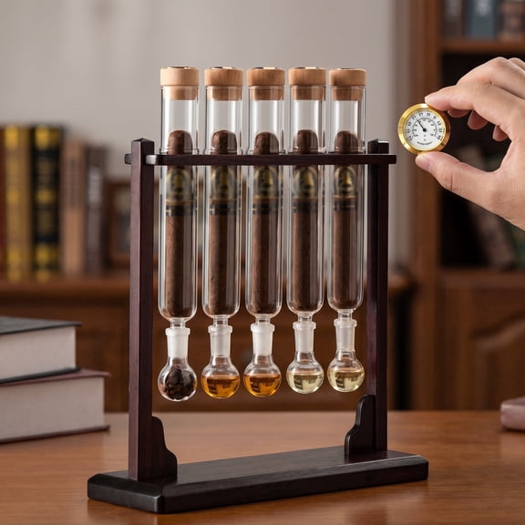 Glass Cigar Flavor Infuser Kit - Wooden Base Humidifier with Airtight Cap for DIY Flavor Injection & Aromatherapy Display, Gift for Cigar Enthusiasts