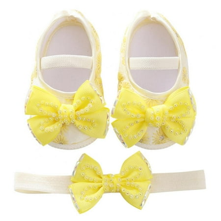 Baby Girls Flats with Infant Non-Slip Soft Sole Cute Bowknot Shoes Newborn Princess Wedding Shoes Toddler First Walkers 0-12M with Hair Band