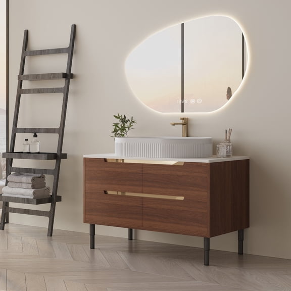 FFZ 36" Bathroom Vanity with Ceramic Integrated Sink, Freestanding or Wall Mounted, Waterproof Solid Wood Cabinet with 4 Soft-Close Drawers, Walnut and Black