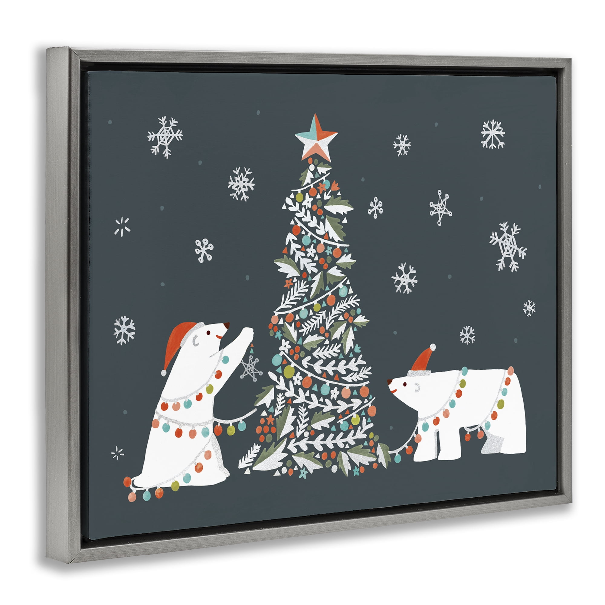 Stupell Industries Polar Bears with Christmas Tree Holiday Painting Gray Floater Framed Canvas Art Prints Wall Art, 31 x 25