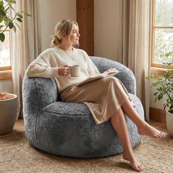 Fulsmile 3Ft Bean Bag Chair for Adults, Regular Lazy Sofa with Stuffed Memory Foam, Comfy Backrest Chair for Reading Gaming Relaxing, Plush Gray