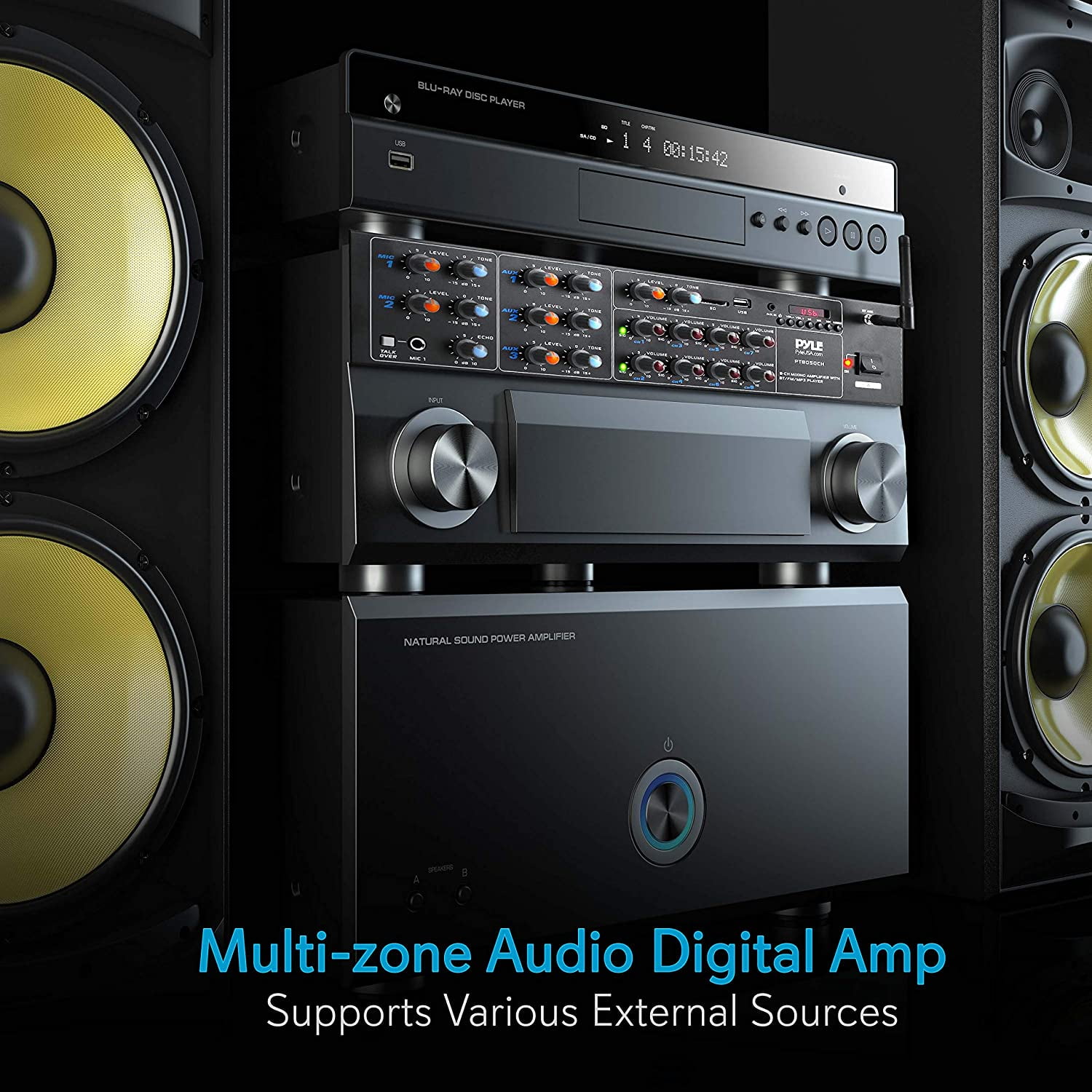Pyle 4000 Watt 8 Channel Audio Bluetooth Amplifier Sound Mixer Receiver System