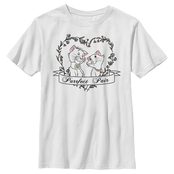 Boy's Aristocats Thomas and Duchess Purrfect Pair Heart Graphic Tee White Small