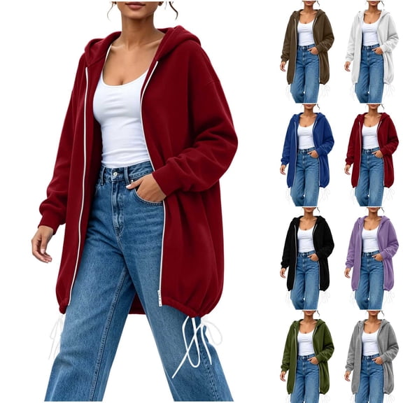 Thousandth Women's Loose Fit Zip Up Hooded Coat Casual Mid Length Oversized Long Sleeve Sweatshirt Fall Winter Warm Jacket