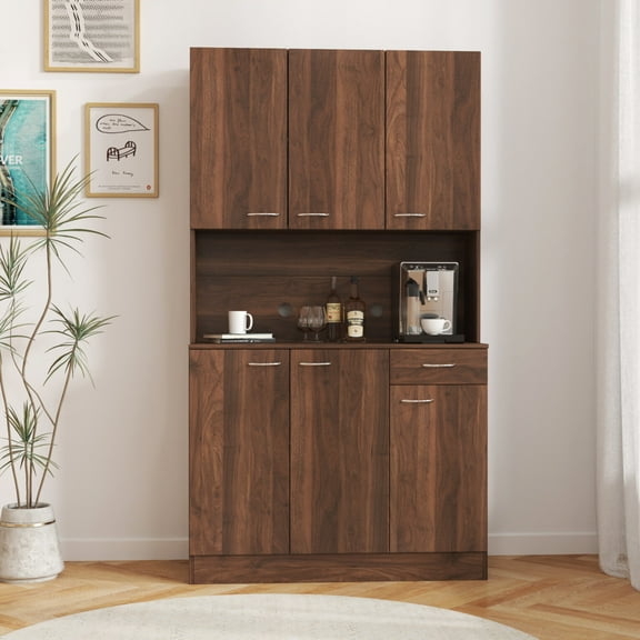 70.87" Tall Wardrobe & Kitchen Cabinet with 6 Doors, 1 Drawer, 1 Open Shelf - Durable MDF Walnut Finish for Bedroom Storage Solutions