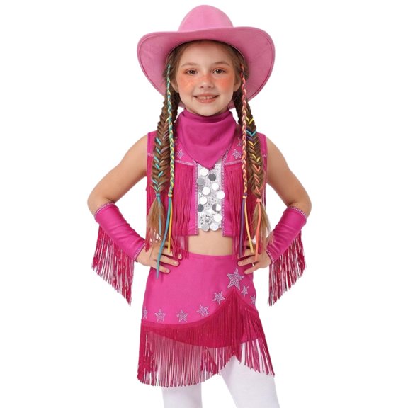 Miaeowve Girls Western Cowgirl Outfit 5-Pieces Star Printed Crop Top and Fringe Skirt Set with Arm Cuffs Bandana & Hat Hot Pink 8