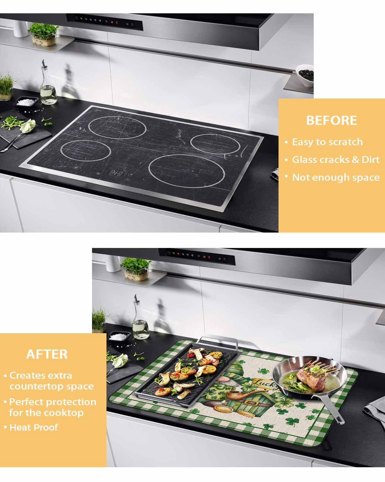 Large Induction Cooktop Protector Mat St. Patrick's Day Stove Top Covers for Electric Stove, Gnomes Shamrock Farmhouse Plaid Beige Decorative Stove Burner Cover Mats, Glass Top Stove Cover